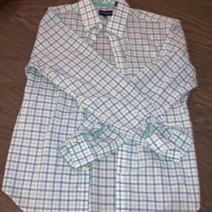 Blue and white plaid dress shirt